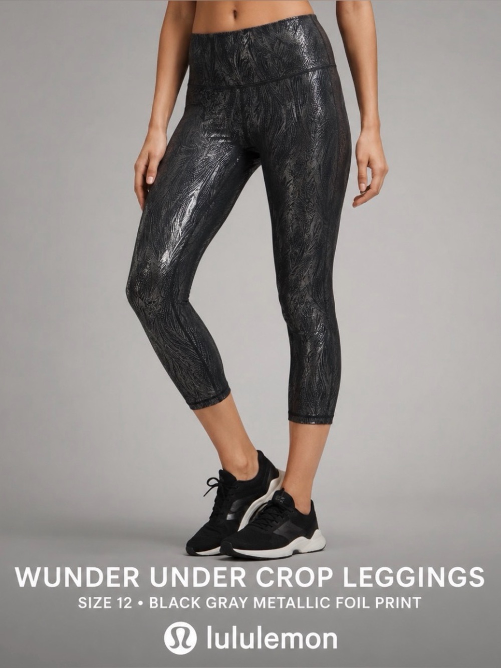 Lululemon Wunder Under Crop Leggings 12 Black Gray Metallic Foil Print Yoga Gym
